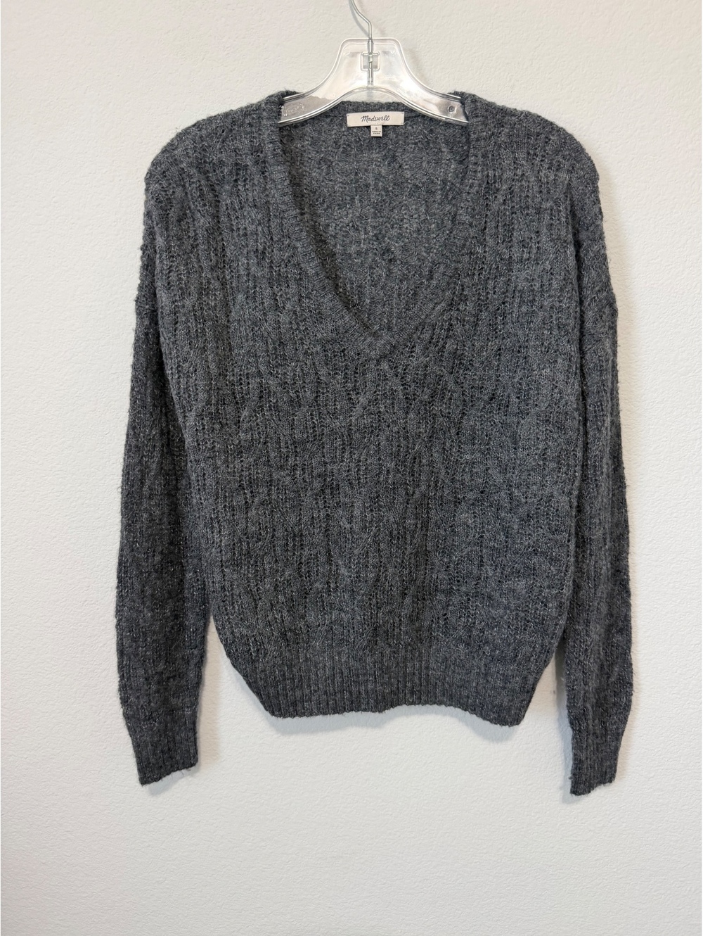 Madewell Long Sleeve V-Neck Wool Blend Cable Knit Gray Sweater Women's Size S